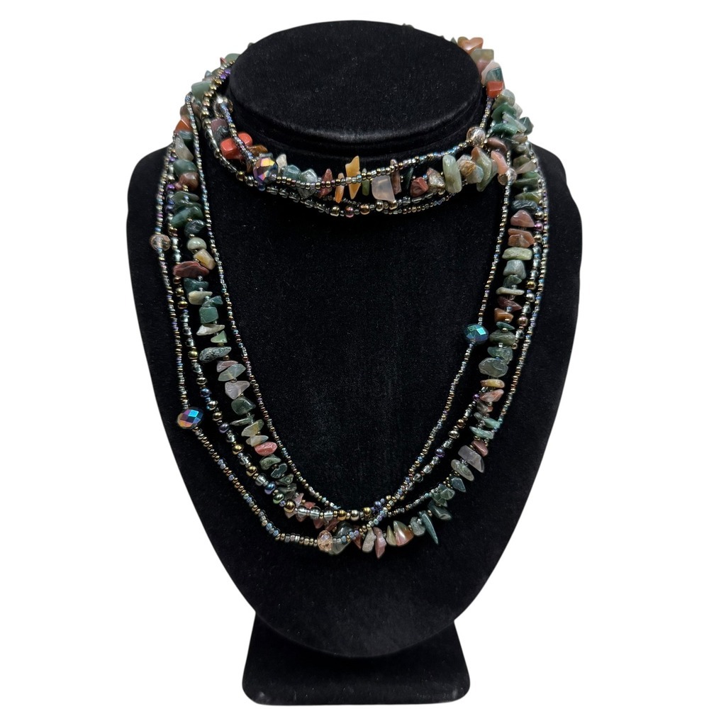 Boho Layered Necklace Agate Chips Beaded Multi Strand Statement Jewelry 15.5 in